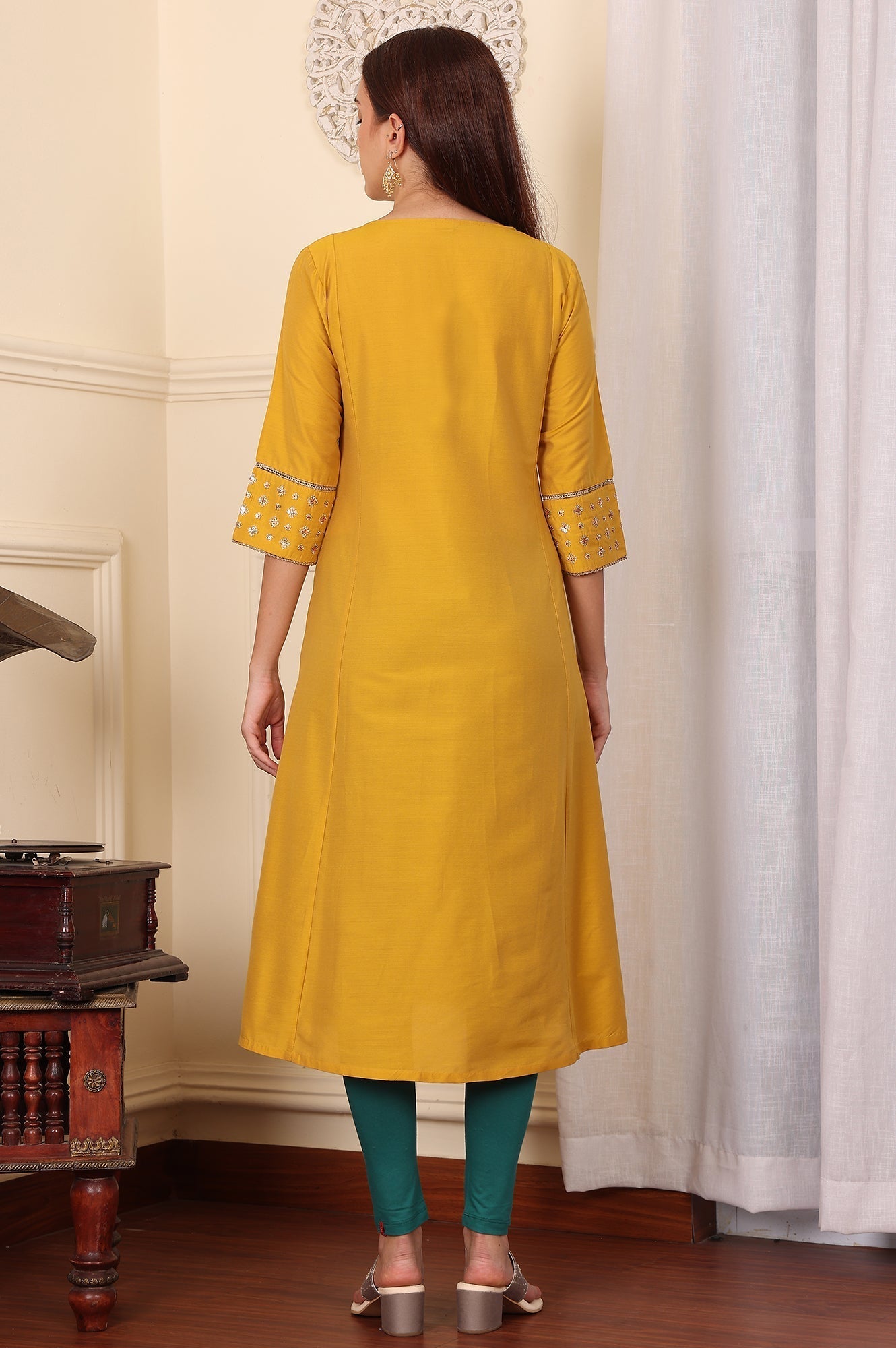 W for Woman Yellow Embroidered A-Line Rayon Kurta with Straight Pant and Dupatta Set