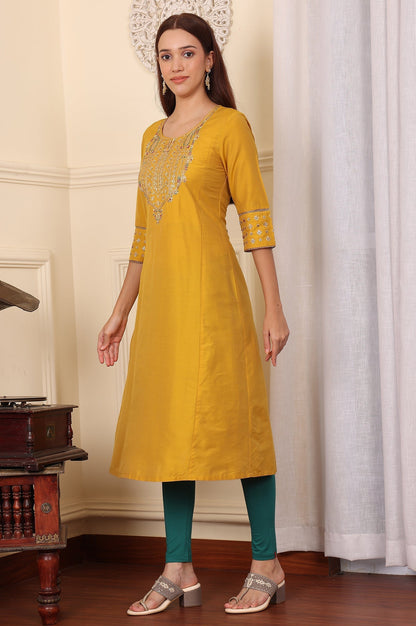 W for Woman Yellow Embroidered A-Line Rayon Kurta with Straight Pant and Dupatta Set