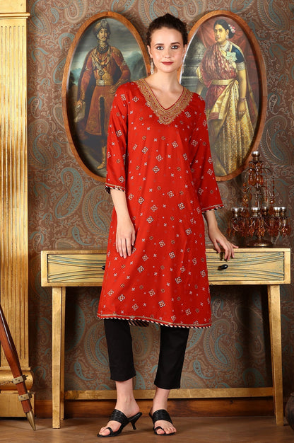 W for Woman Ceramic Red Printed Straight Rayon Kurta With Metallic Embroidery On Neck
