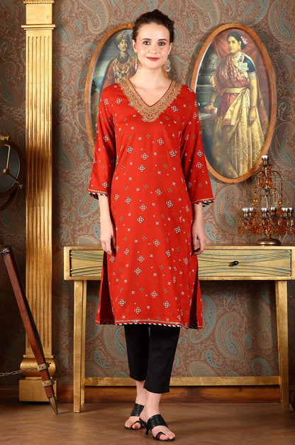 W for Woman Ceramic Red Printed Straight Rayon Kurta With Metallic Embroidery On Neck