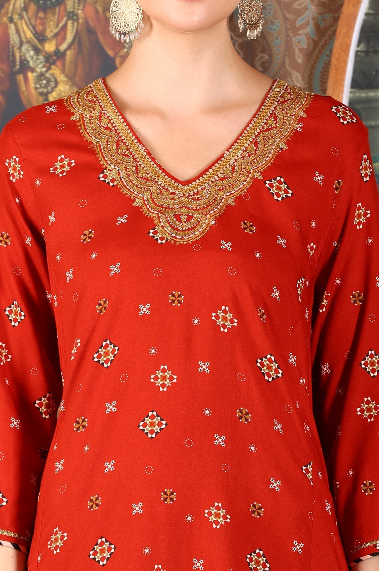 W for Woman Ceramic Red Printed Straight Rayon Kurta With Metallic Embroidery On Neck