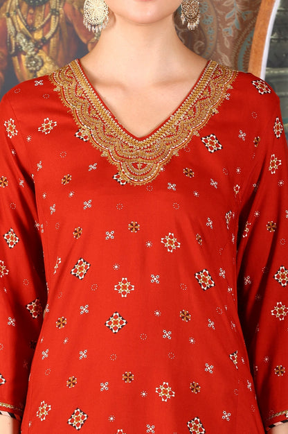 W for Woman Ceramic Red Printed Straight Rayon Kurta With Metallic Embroidery On Neck
