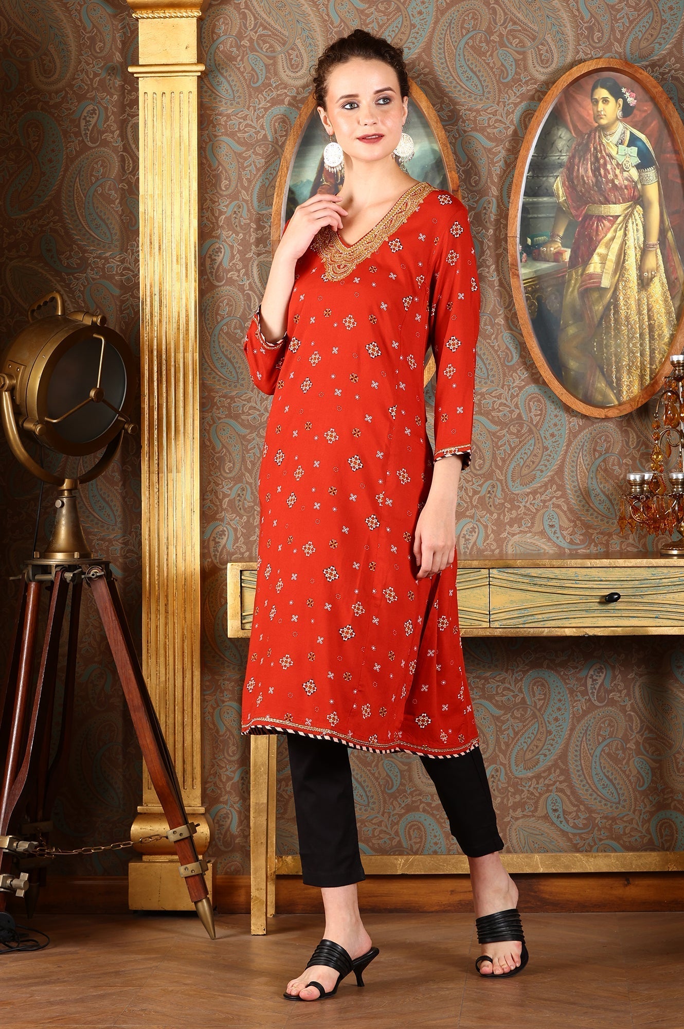 W for Woman Ceramic Red Printed Straight Rayon Kurta With Metallic Embroidery On Neck