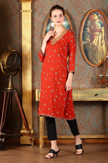 W for Woman Ceramic Red Printed Straight Rayon Kurta With Metallic Embroidery On Neck