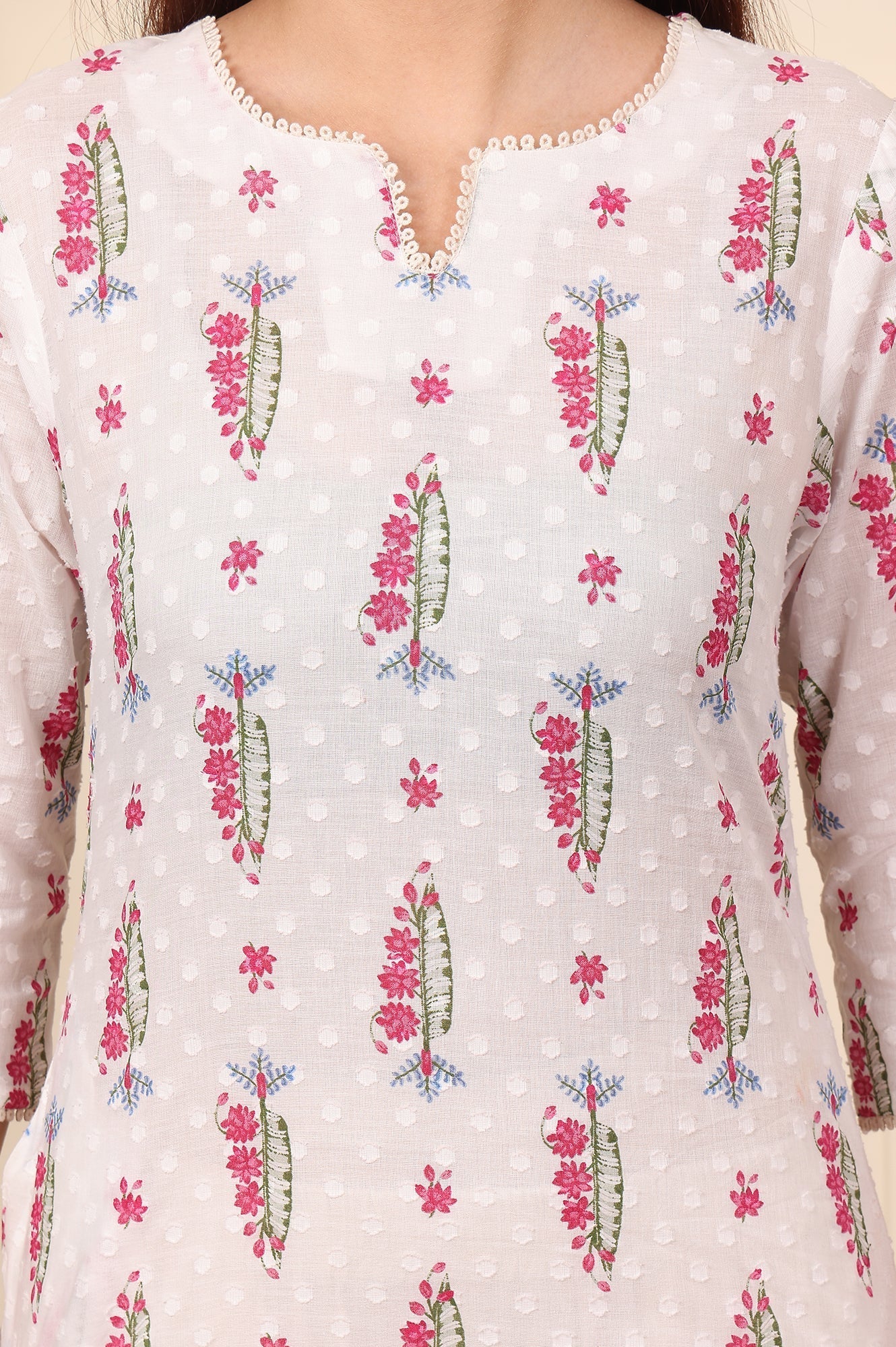 W for Woman White Floral & Leaf Printed Textured Pure Cotton Straight Kurta
