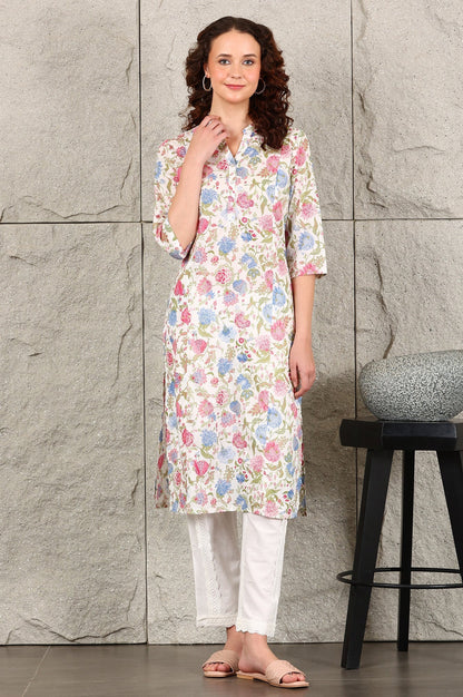 W for Woman White Floral Printed Pure Cotton Straight Kurta