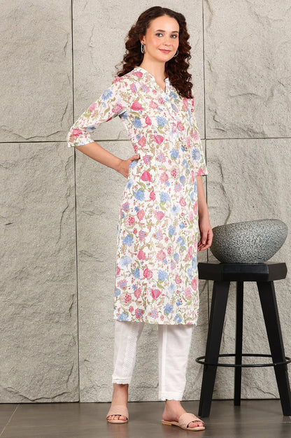 W for Woman White Floral Printed Pure Cotton Straight Kurta