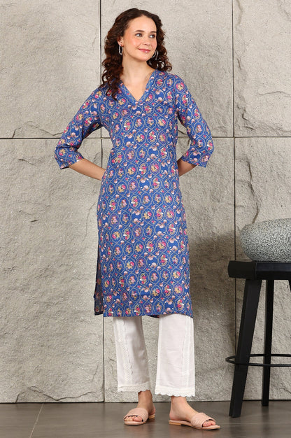 W for Woman Blue Small Buti Floral Printed Straight Kurta With Lace V-Neck