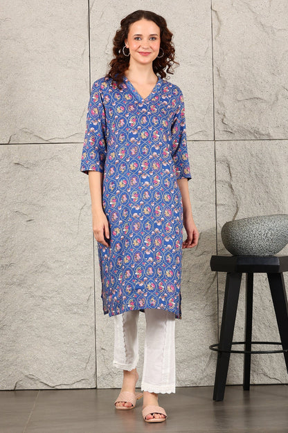 W for Woman Blue Small Buti Floral Printed Straight Kurta With Lace V-Neck