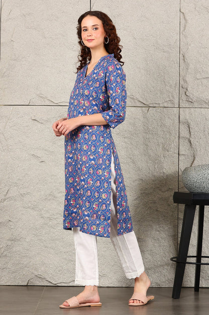 W for Woman Blue Small Buti Floral Printed Straight Kurta With Lace V-Neck