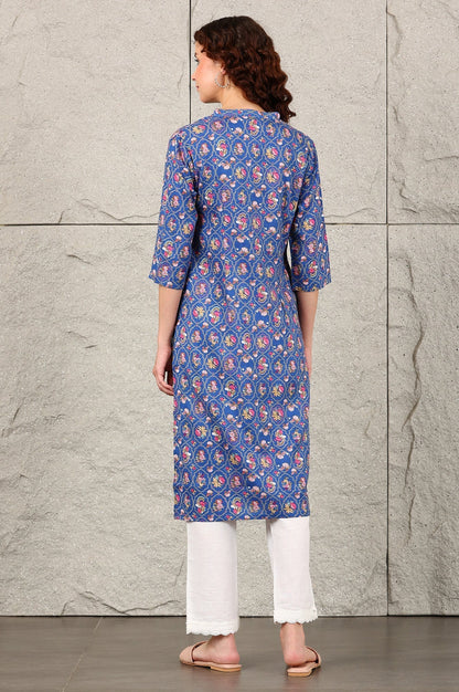 W for Woman Blue Small Buti Floral Printed Straight Kurta With Lace V-Neck