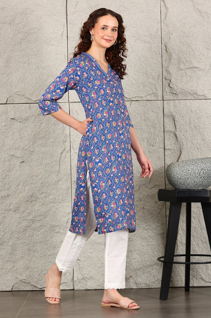 W for Woman Blue Small Buti Floral Printed Straight Kurta With Lace V-Neck