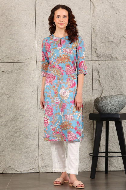 W for Woman Sky Blue Floral Printed Pure Cotton Straight Kurta