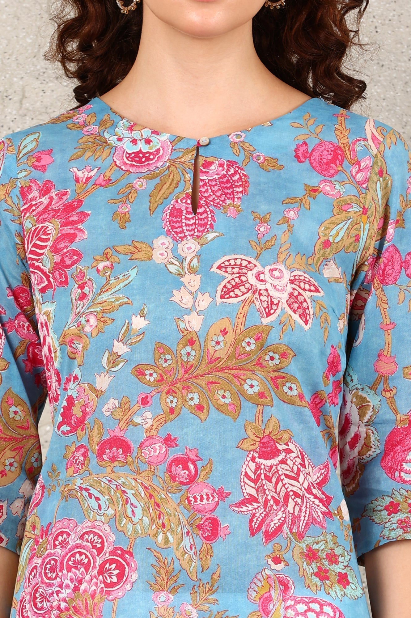 W for Woman Sky Blue Floral Printed Pure Cotton Straight Kurta
