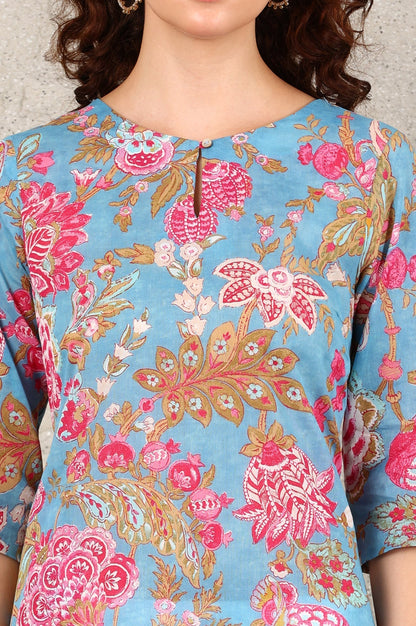 W for Woman Sky Blue Floral Printed Pure Cotton Straight Kurta