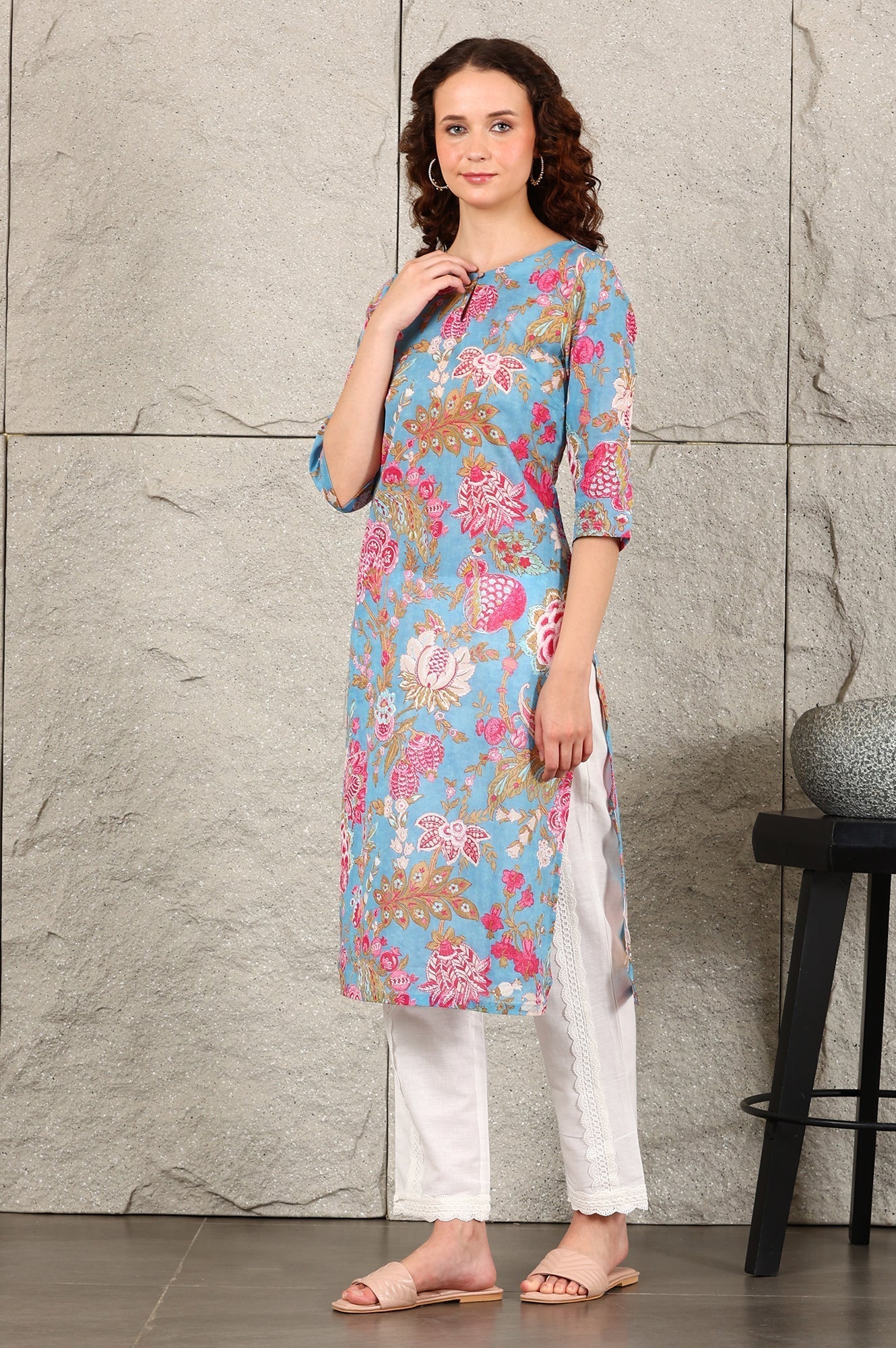 W for Woman Sky Blue Floral Printed Pure Cotton Straight Kurta