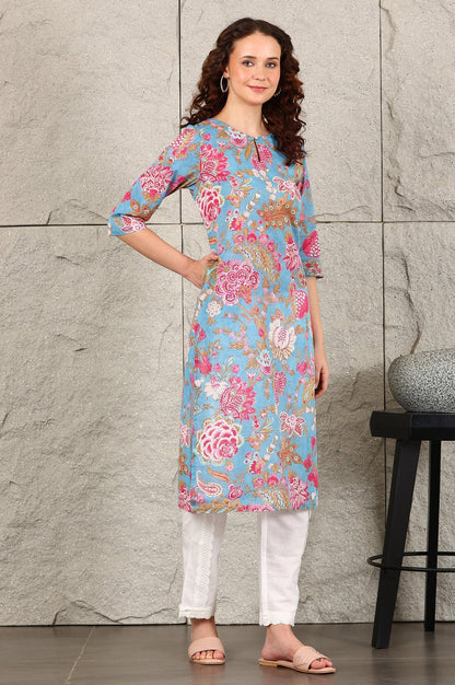 W for Woman Sky Blue Floral Printed Pure Cotton Straight Kurta