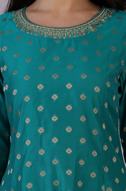 W for Woman Teal Green Yarn-Dyed Chanderi Straight Kurta with Embroidered Neck