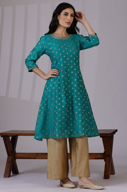 W for Woman Teal Green Yarn-Dyed Chanderi Straight Kurta with Embroidered Neck