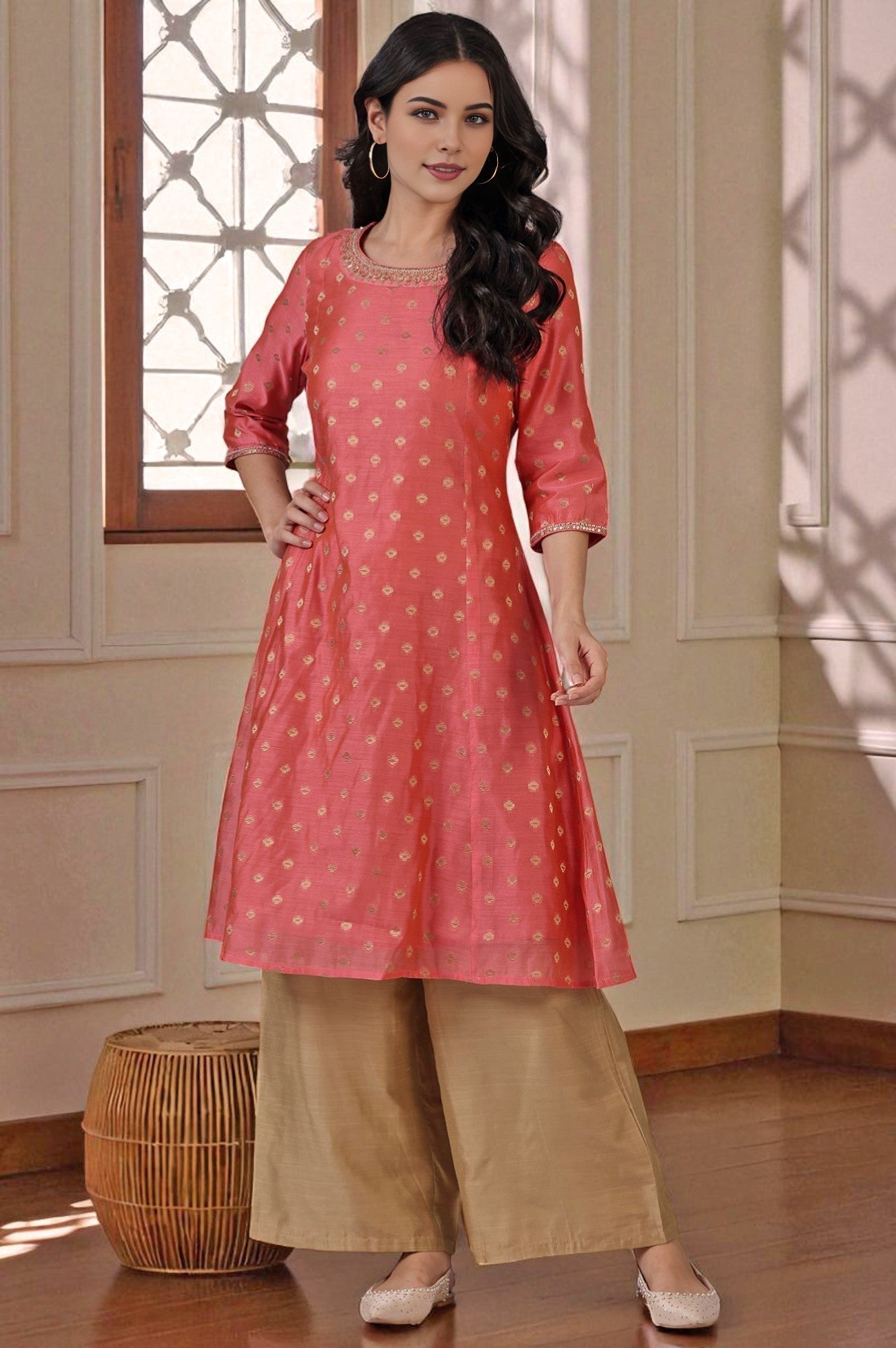 W for Woman Pink Yarn-Dyed Chanderi Straight Kurta with Embroidered Neck