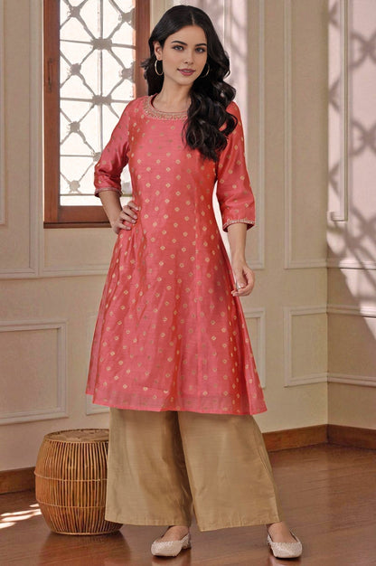 W for Woman Pink Yarn-Dyed Chanderi Straight Kurta with Embroidered Neck