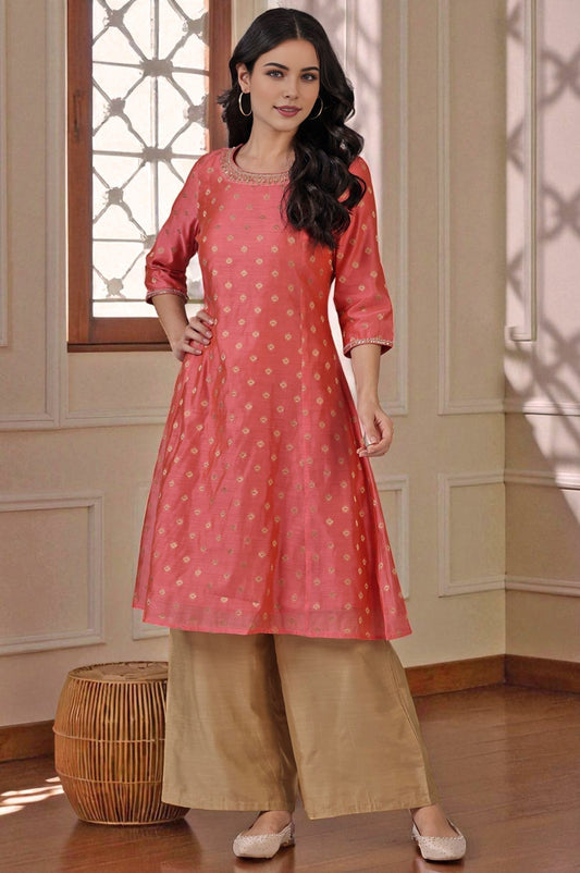 W for Woman Pink Yarn-Dyed Chanderi Straight Kurta with Embroidered Neck