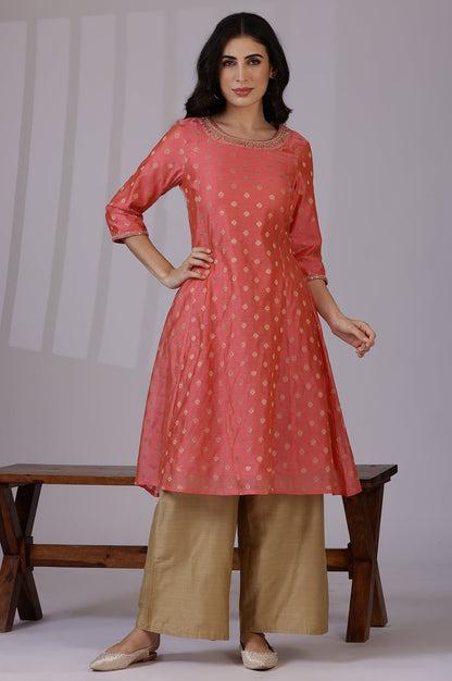 W for Woman Pink Yarn-Dyed Chanderi Straight Kurta with Embroidered Neck