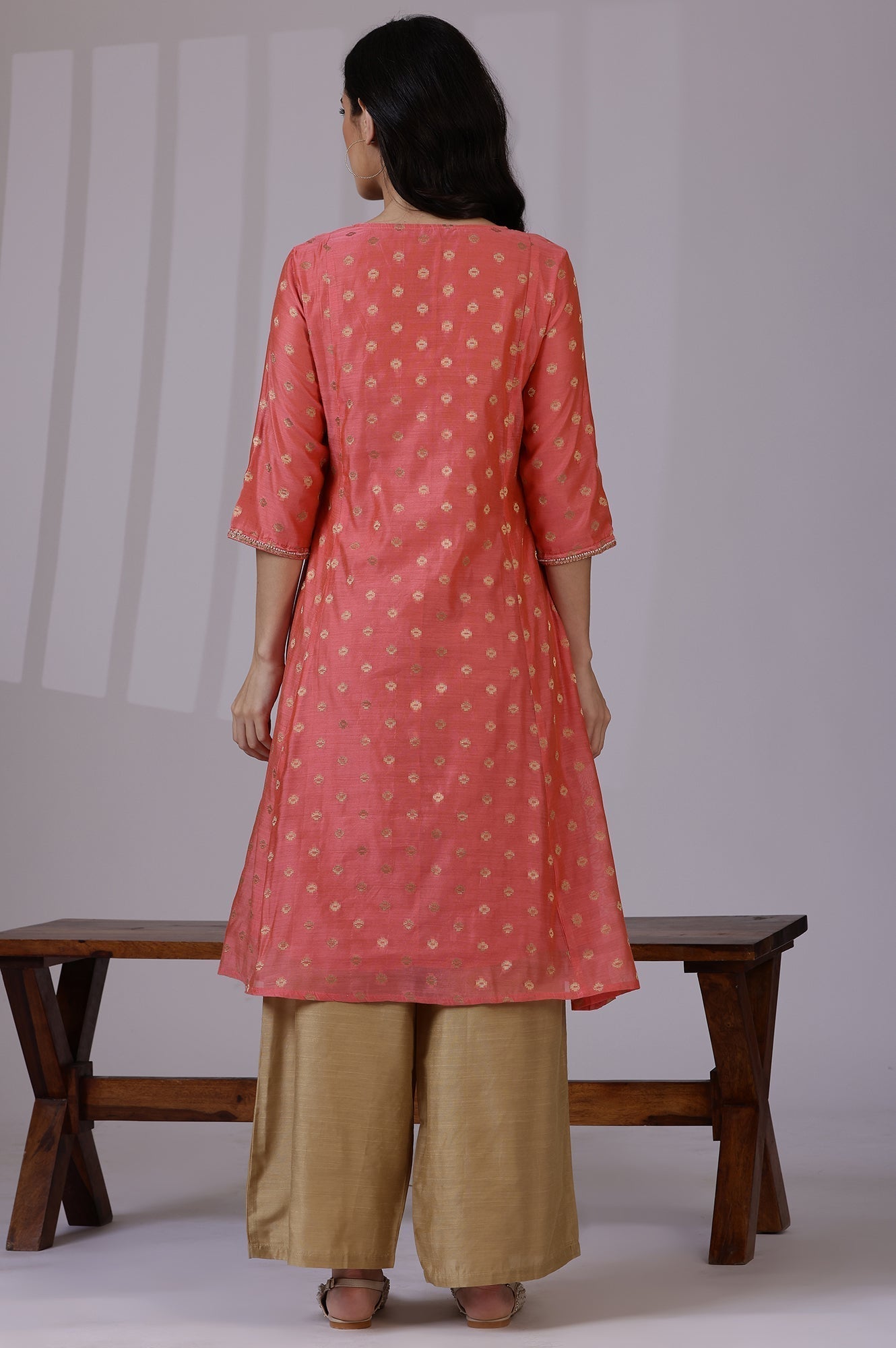 W for Woman Pink Yarn-Dyed Chanderi Straight Kurta with Embroidered Neck