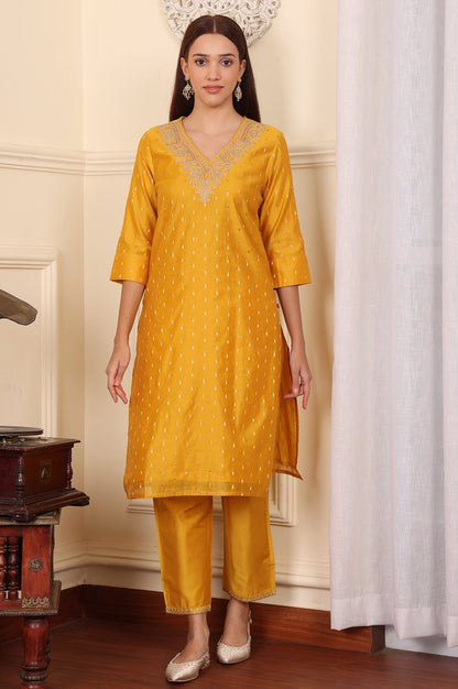 W for Woman Yellow Dori Embroidered Chanderi Straight Kurta