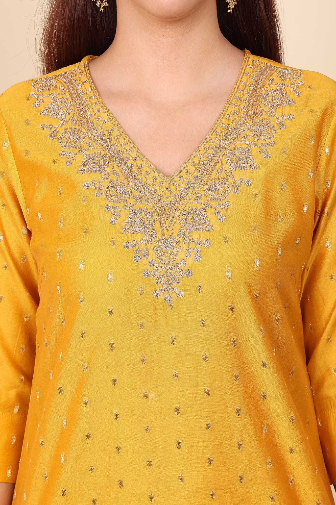 W for Woman Yellow Dori Embroidered Chanderi Straight Kurta