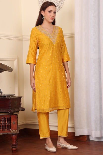 W for Woman Yellow Dori Embroidered Chanderi Straight Kurta