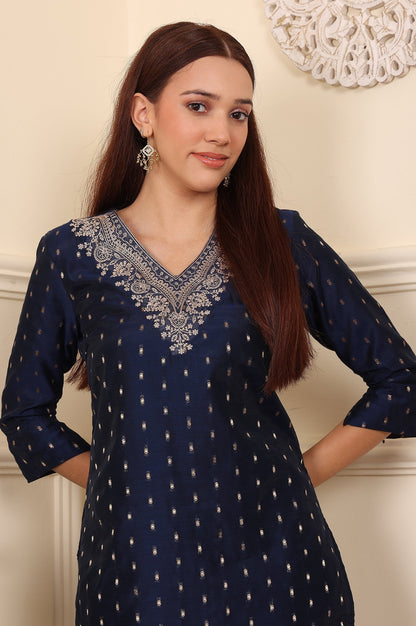 W for Woman Blue Dori Embroidered Chanderi Straight Kurta