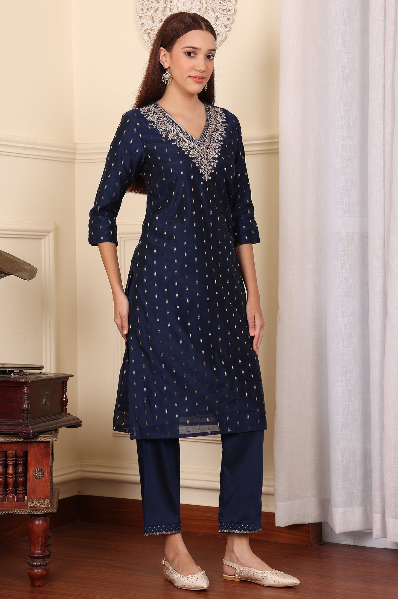W for Woman Blue Dori Embroidered Chanderi Straight Kurta