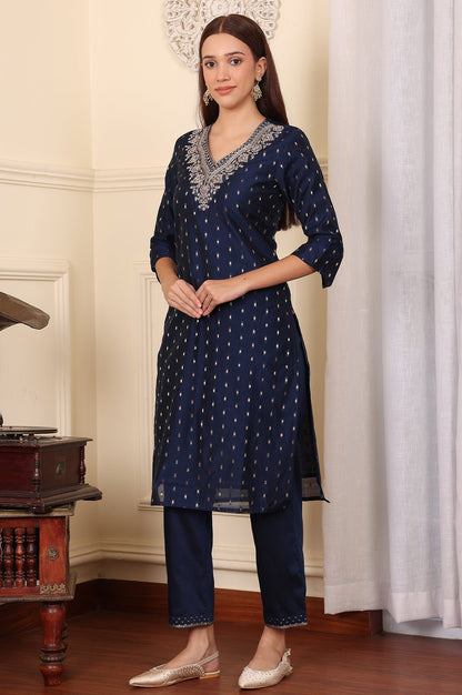 W for Woman Blue Dori Embroidered Chanderi Straight Kurta
