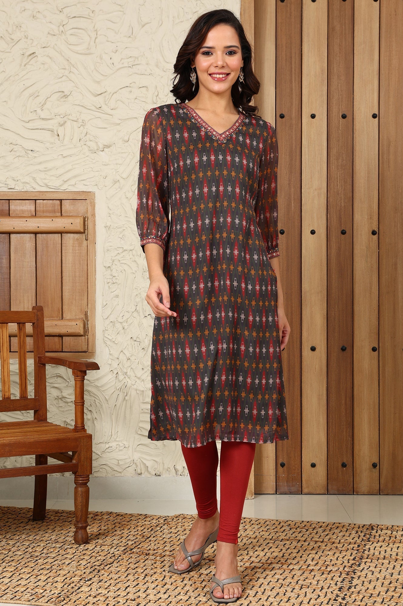 W for Woman Green Geometric Printed Chiffon Straight Kurta With Sequined Neckline