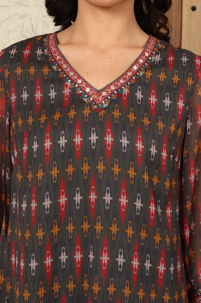 W for Woman Green Geometric Printed Chiffon Straight Kurta With Sequined Neckline