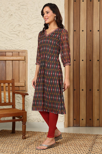 W for Woman Green Geometric Printed Chiffon Straight Kurta With Sequined Neckline