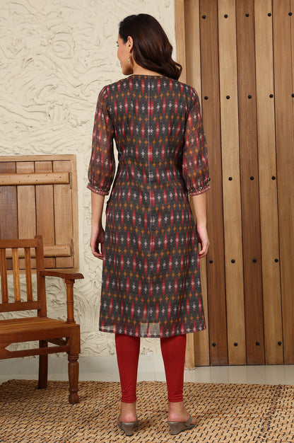 W for Woman Green Geometric Printed Chiffon Straight Kurta With Sequined Neckline