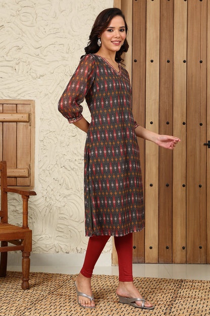 W for Woman Green Geometric Printed Chiffon Straight Kurta With Sequined Neckline