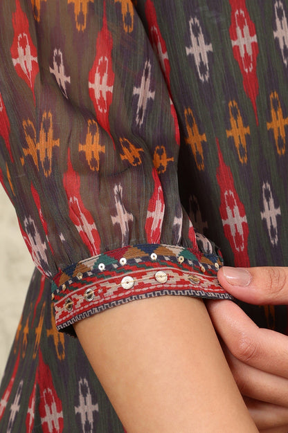 W for Woman Green Geometric Printed Chiffon Straight Kurta With Sequined Neckline