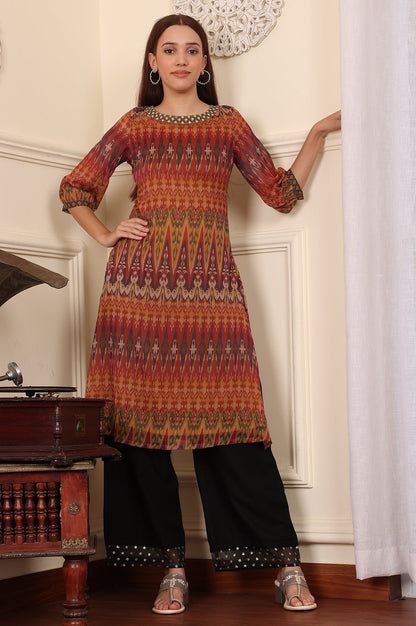W for Woman Mustard Yellow Ikkat Printed Layered Kurta With Embellished Neck