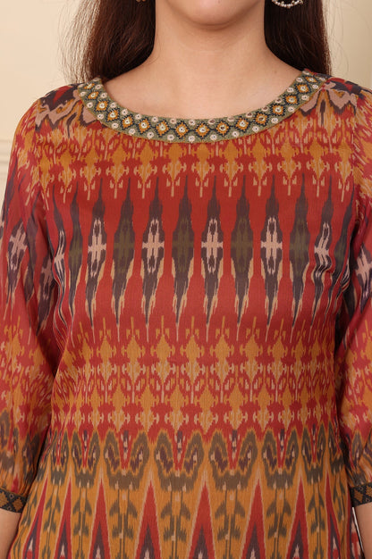 W for Woman Mustard Yellow Ikkat Printed Layered Kurta With Embellished Neck