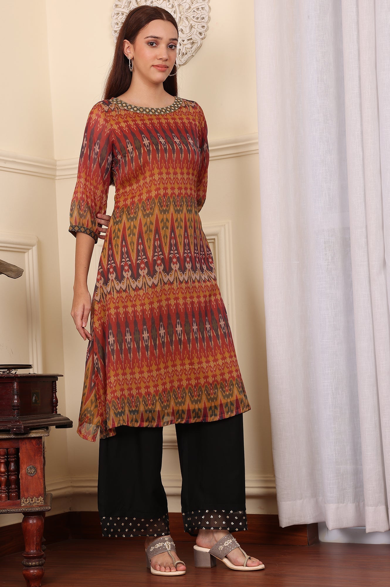W for Woman Mustard Yellow Ikkat Printed Layered Kurta With Embellished Neck