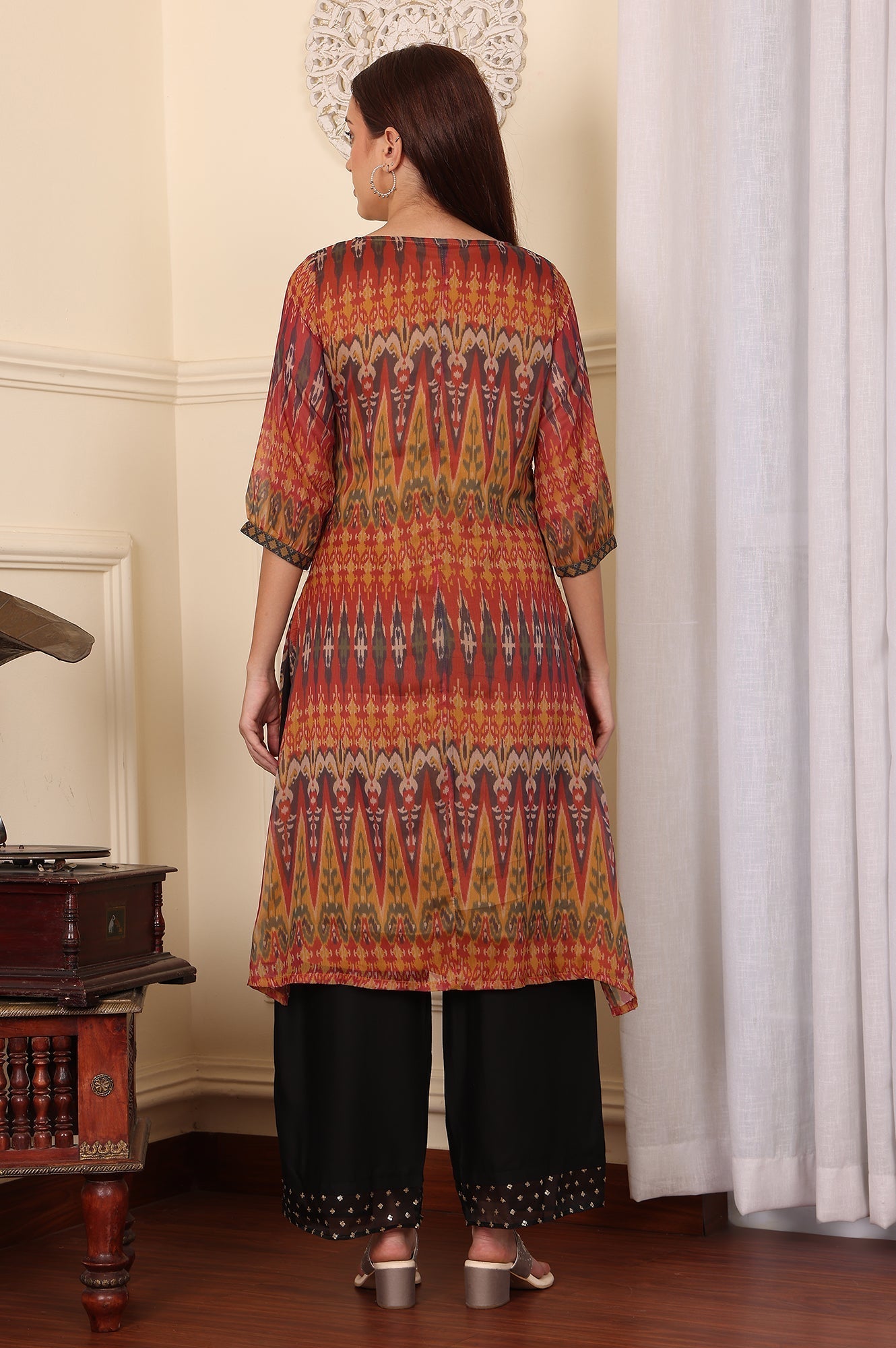 W for Woman Mustard Yellow Ikkat Printed Layered Kurta With Embellished Neck