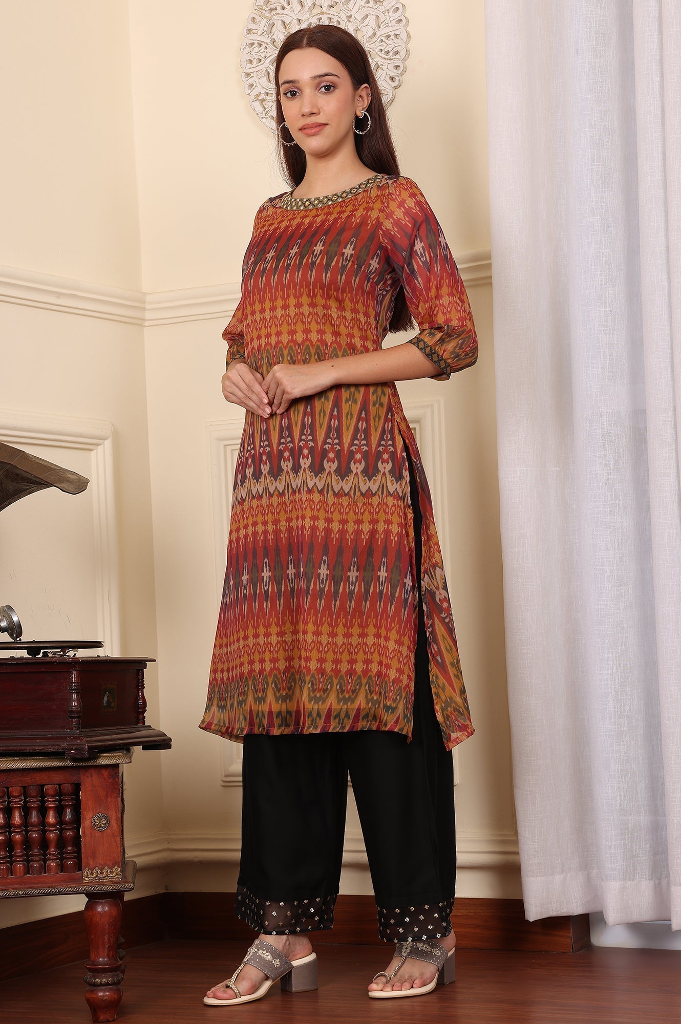 W for Woman Mustard Yellow Ikkat Printed Layered Kurta With Embellished Neck