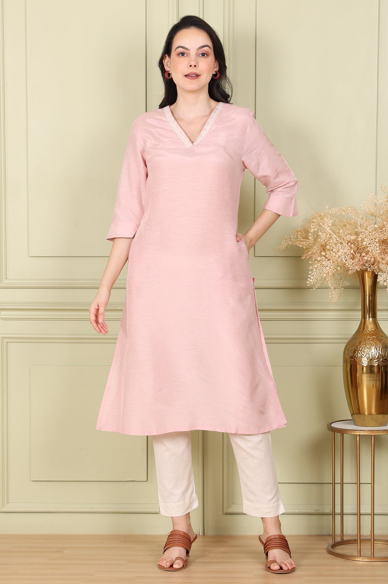 W for Woman Pink Snow Linen Straight Kurta with Thread Embroidery