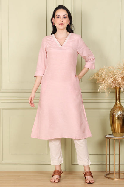 W for Woman Pink Snow Linen Straight Kurta with Thread Embroidery
