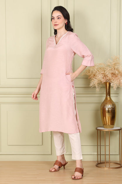 W for Woman Pink Snow Linen Straight Kurta with Thread Embroidery