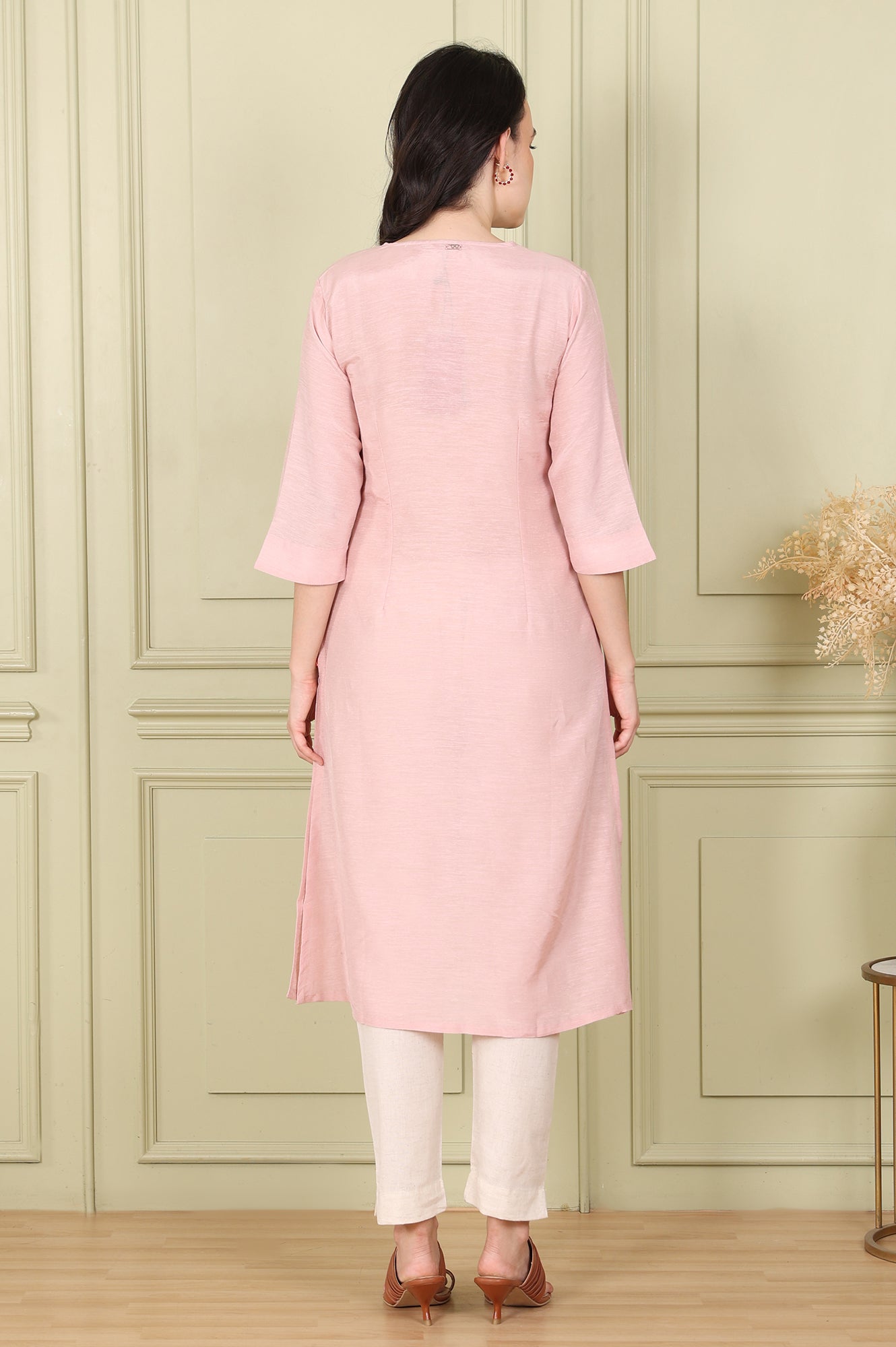 W for Woman Pink Snow Linen Straight Kurta with Thread Embroidery