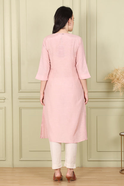 W for Woman Pink Snow Linen Straight Kurta with Thread Embroidery